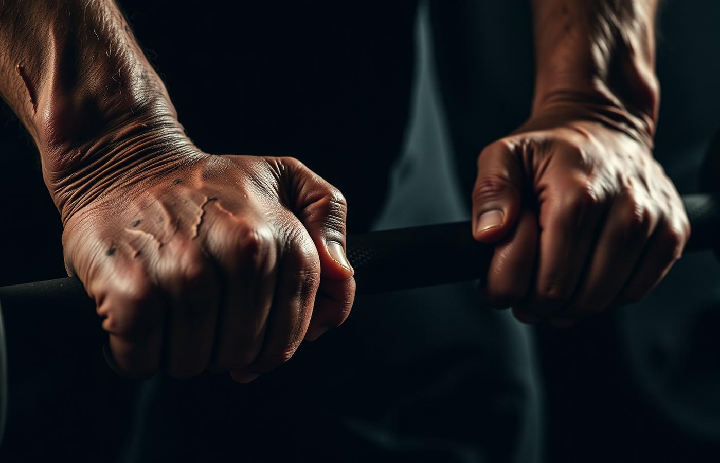 Close-up of weathered hands gripping a barbell — raw strength and hard work